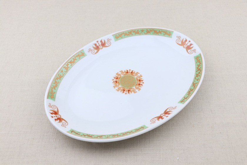 中華楕円皿（白・グリーン帯・鳥）