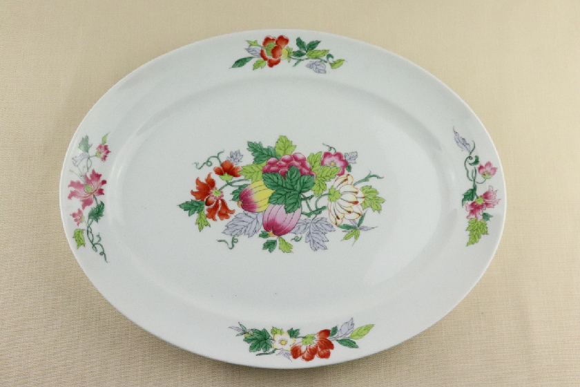 中華楕円皿（白・カラフル花柄）