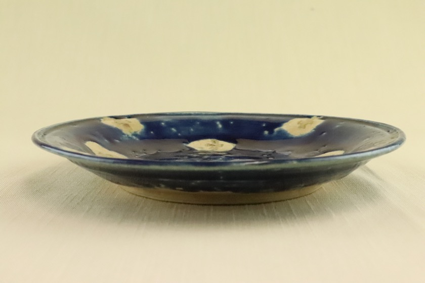 藍色・丸皿（素焼き・十字）