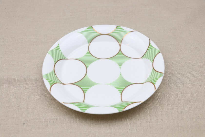 デザート皿（白・緑ストライプ/ゴールド円）