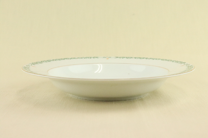 リム付きスープ皿（LIMOGES・白・緑リーフ柄ライン）